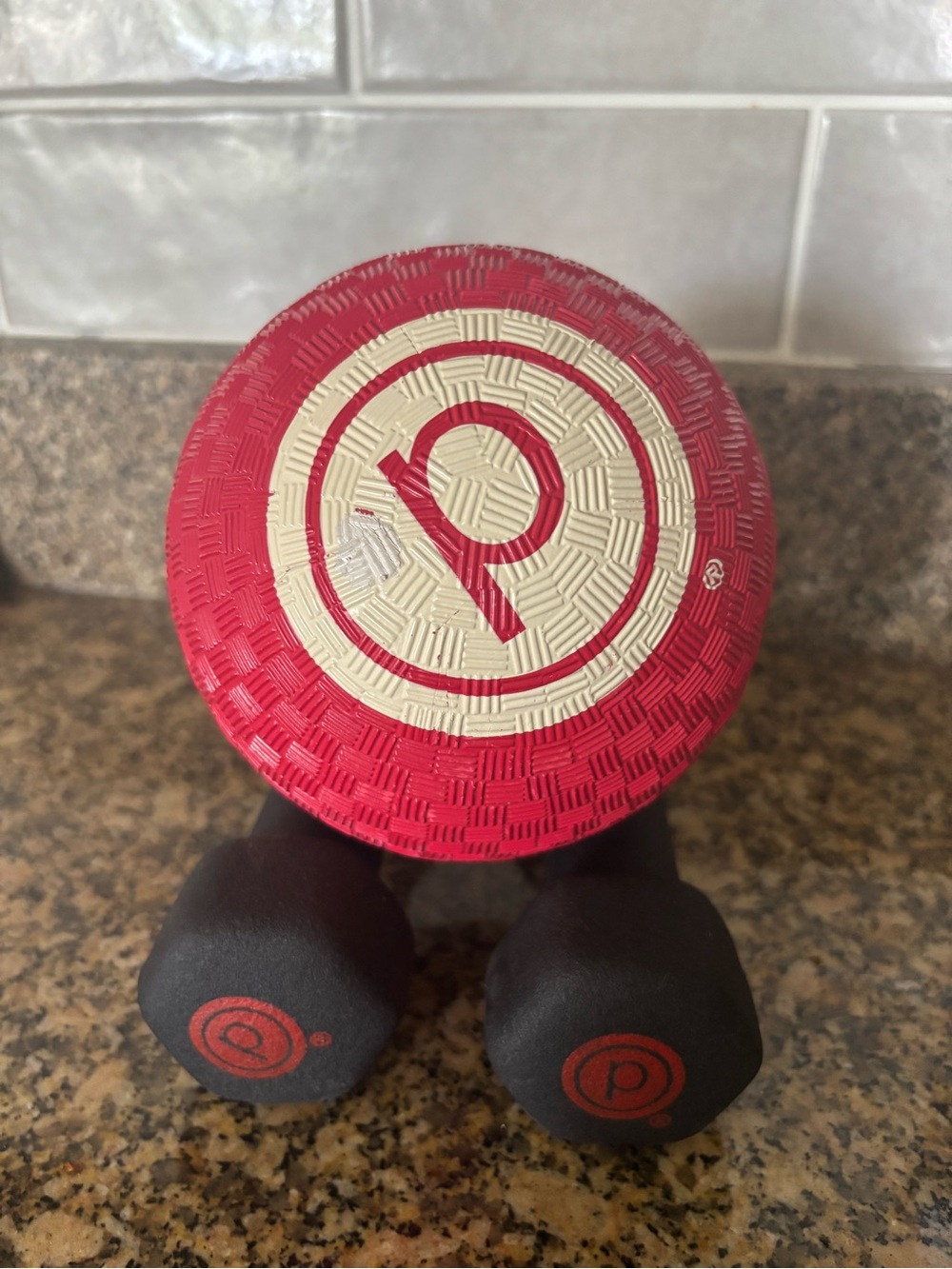 Pure Barre Red and Cream Ball and black Hand Weights